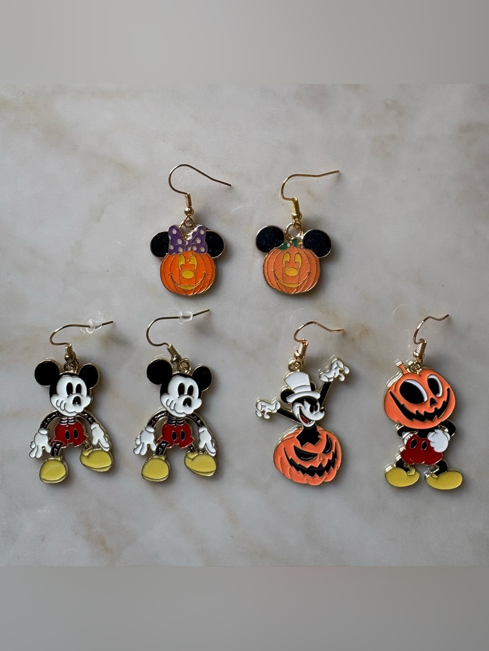Halloween Pumpkin Mickey Dangle Earrings - Orange & Black 3 Pairs